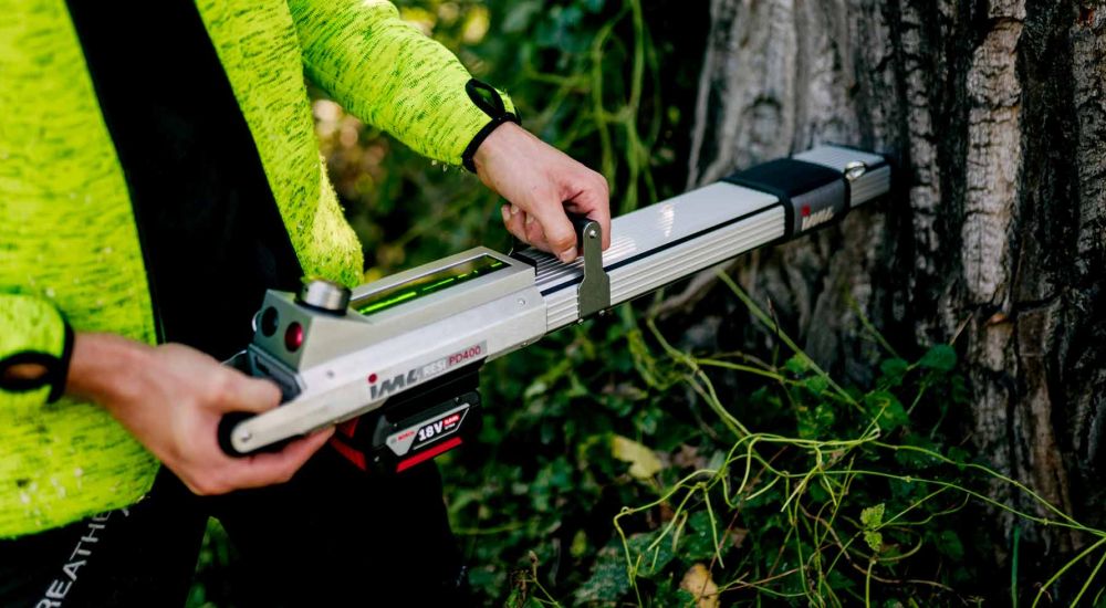 Baumkontrolleur mit Prüfgerät bei Baumkontrolle Berlin Brandenburg